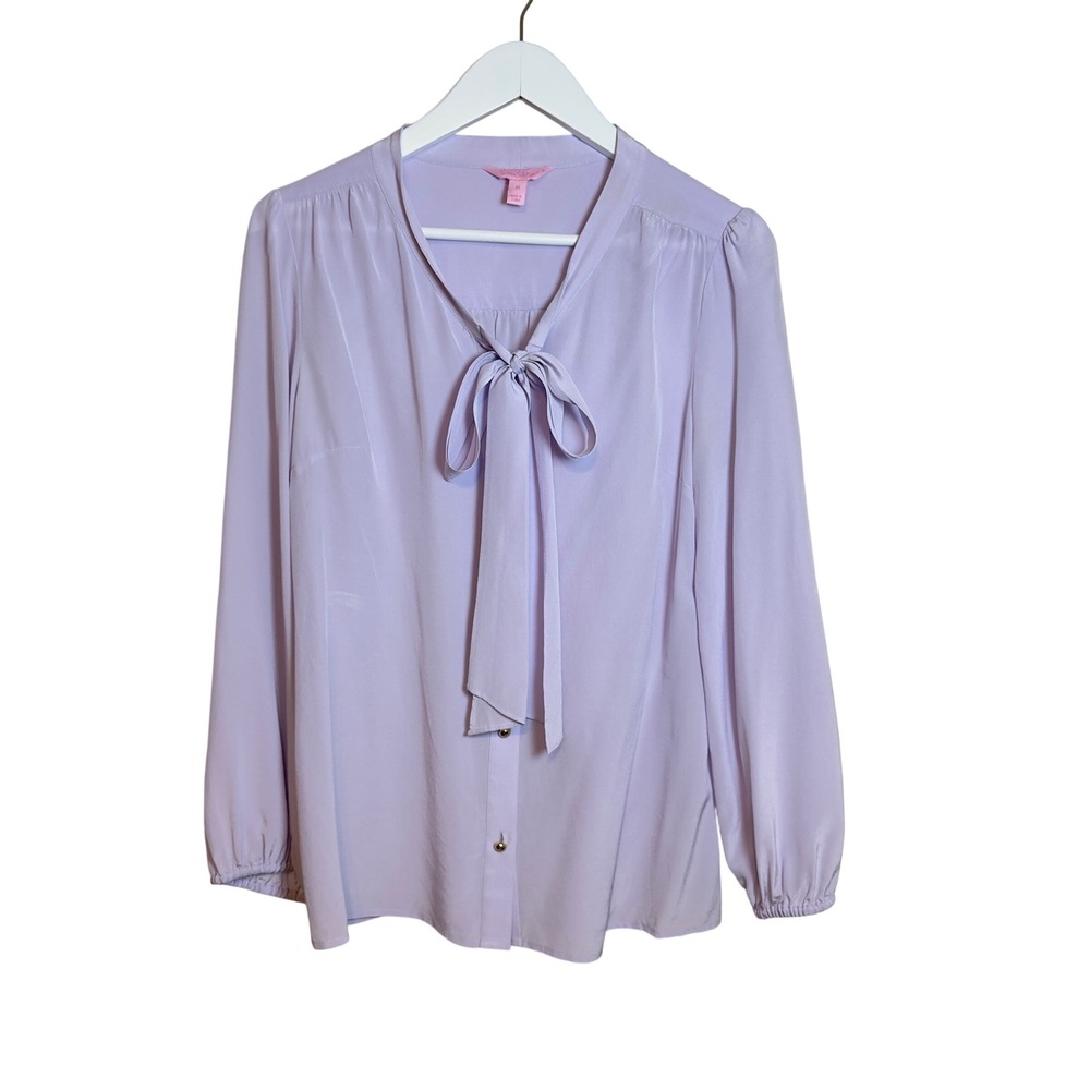 Lilly Pulitzer Lilac Purple Bow Tie Neck Long Sleeve Blouse Top Sz M